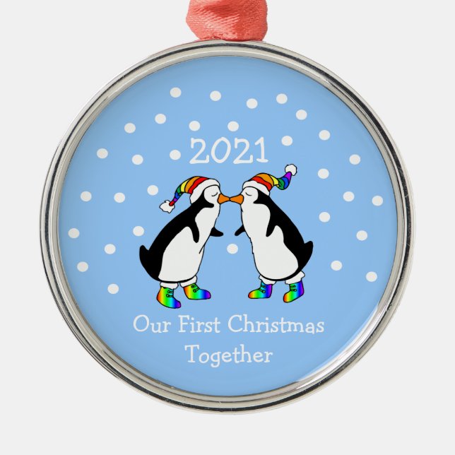 Our First Christmas Together 2021 (LGBT Penguins) Metal Tree Decoration (Front)