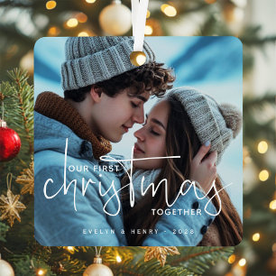 Our First Christmas Together Couple Photo Name Metal Tree Decoration
