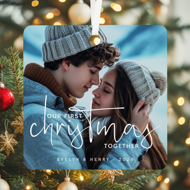 Our First Christmas Together Couple Photo Name Metal Tree Decoration (Creator Uploaded)