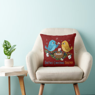 Our First Christmas Together Cute Lovebirds   Cushion