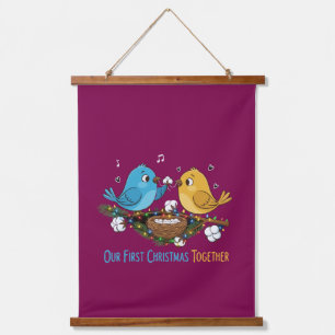 Our First Christmas Together Cute Lovebirds   Hanging Tapestry
