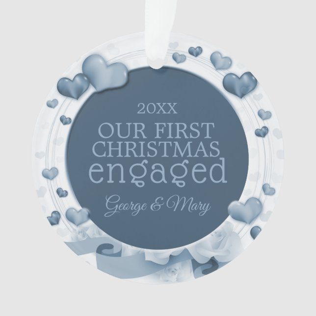 Our First Christmas Together Engaged Photo Blue Ornament (Front)