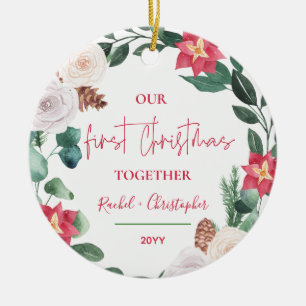 Our First Christmas Together Floral Wreath Photo Ceramic Tree Decoration