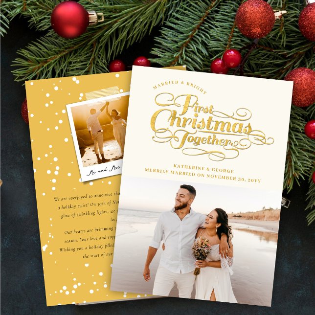 Our First Christmas Together Golden Script Photo Holiday Card (Creator Uploaded)