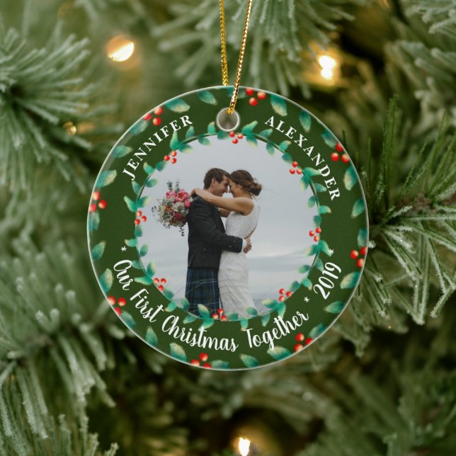 Our first christmas together holly photo ceramic tree decoration (Tree)