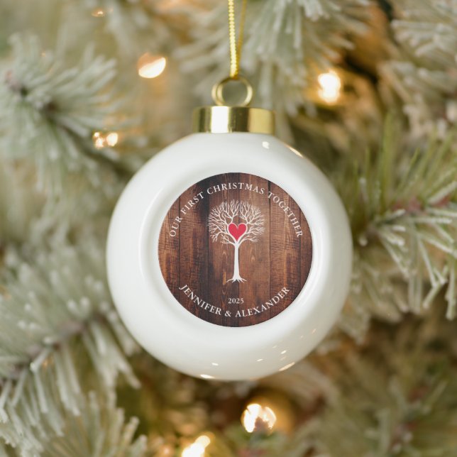 Our first Christmas together love tree rustic wood Ceramic Ball Christmas Ornament (Tree)