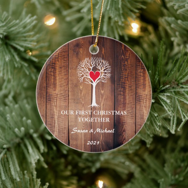Our first Christmas together love tree rustic wood Ceramic Tree Decoration (Tree)