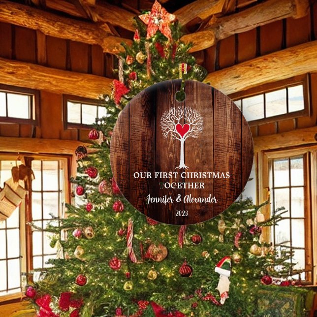 Our first Christmas together love tree rustic wood Ceramic Tree Decoration (Beautiful love tree on rustic barn wood, First Christmas Together, ornament.)