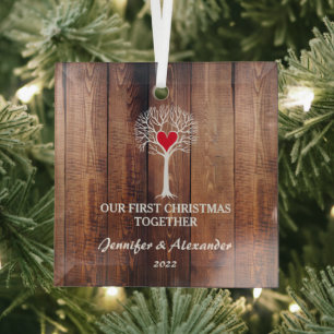 Our first Christmas together love tree rustic wood Glass Tree Decoration