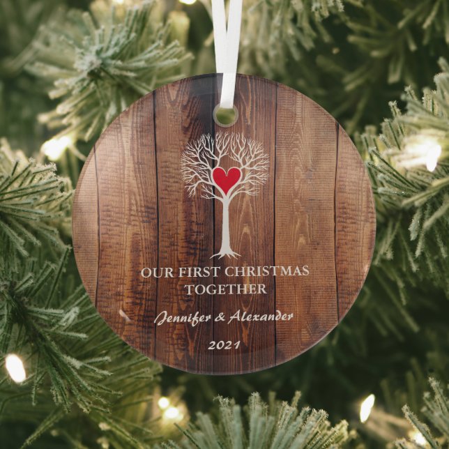 Our first Christmas together love tree rustic wood Glass Tree Decoration (Insitu)