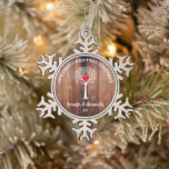 Our first Christmas together love tree rustic wood Snowflake Pewter Christmas Ornament<br><div class="desc">Our first Christmas together ornament. Rustic dark wood background with white love tree illustration. 
Beautiful ornament to decorate you christmas tree.
You can personalise it and add your own text,  names and year.</div>