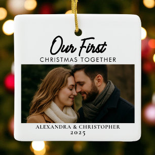 Our First Christmas Together Photo Minimal Modern Ceramic Ornament