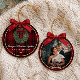 Our First Christmas Together Plaid Photo Ceramic Tree Decoration