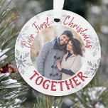 Our First Christmas Together Red and Silver Photo Ornament<br><div class="desc">Our First Christmas Together custom photo ornament,  with red typography and silver snowflakes. The photo template is set up for you to add one of your favourite pictures and you can also add your names and the year on the back.</div>