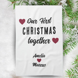 Our First Christmas Together Red Hearts Tea Towel