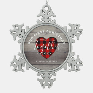 Our First Christmas Together Rustic Personalised Snowflake Pewter Christmas Ornament