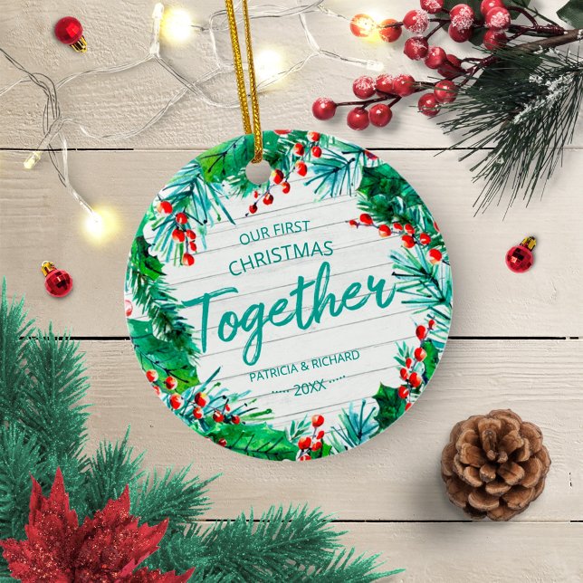 Our First Christmas Together Rustic Wreath Couple Ceramic Tree Decoration (Creator Uploaded)