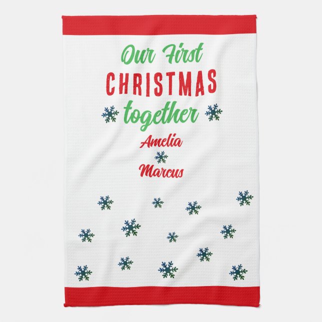 Our First Christmas Together Snowflakes Couple Tea Towel (Vertical)