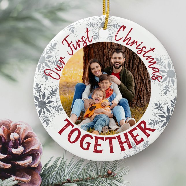 Our First Christmas Together w. Custom Photo - Red Ceramic Tree Decoration (First Christmas Together family photo ornament)