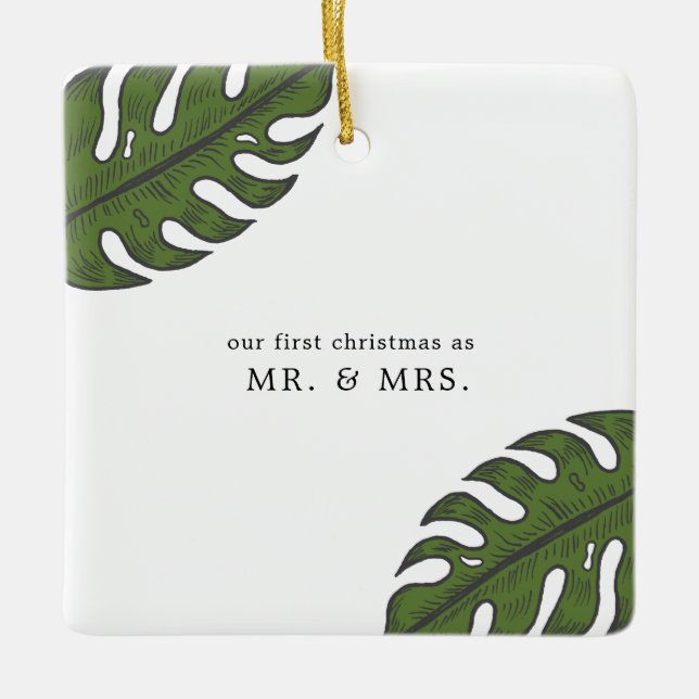 Our First Christmas Tropical Leaves Newlywed Photo Ceramic Ornament (Front)