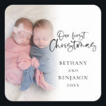 Our First Christmas Twin Baby Name Year Photo Square Sticker<br><div class="desc">Our First Christmas Twin Baby Names Year Photo Overlay Celebrate your twin’s first Christmas along with your festive mailings. A stylish set script for Our  First Christmas and the rest of the text is easy to personalise. Replace the sample photo with your own.</div>