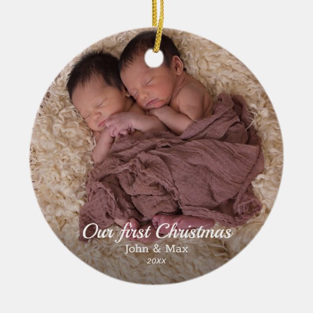 Our First Christmas Twin Baby Photo Ceramic Tree Decoration (Front)