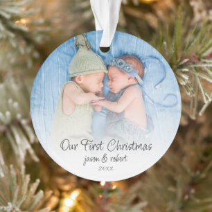 Our First Christmas Twins Names Photo Overlay Ornament