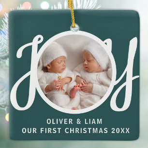 Our First Christmas Twins Photo Green Keepsake Ceramic Ornament