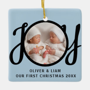 Our First Christmas Twins Photo Joy Blue Black Ceramic Ornament