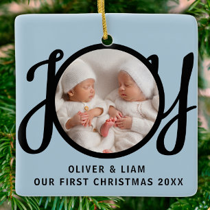 Our First Christmas Twins Photo Joy Blue Black Ceramic Ornament