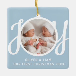 Our First Christmas Twins Photo Joy Blue Ceramic Ornament