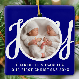 Our First Christmas Twins Photo Joy Navy Blue Ceramic Ornament