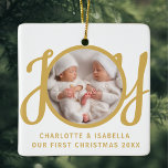 Our First Christmas Twins Photo Keepsake Ceramic Ornament<br><div class="desc">This cute Twins' First Christmas Photo Ornament is decorated with the word JOY in gold,  stylish script typography on a white background.
Easily customisable with your photo,  names,  and year.</div>
