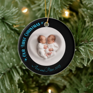 Our First Christmas Twins Photo Name Custom Golden Ceramic Tree Decoration
