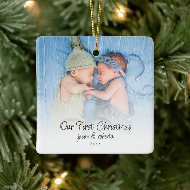 Our First Christmas Twins Photo Overlay Names Year Ceramic Ornament (Tree)