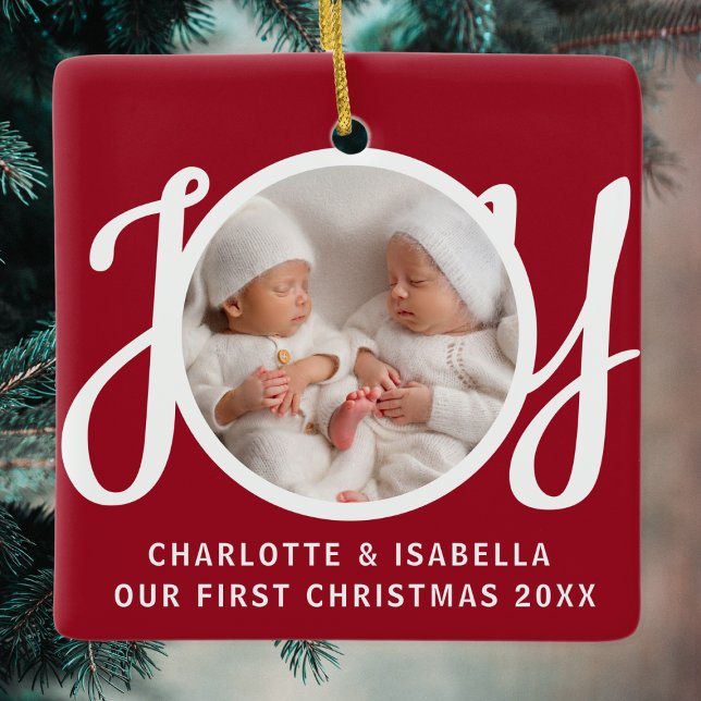 Our First Christmas Twins Photo Red Keepsake Ceramic Ornament (Creator Uploaded)