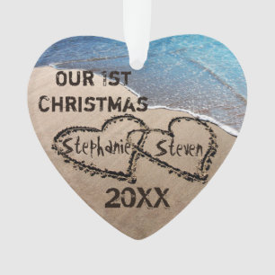 Our First Christmas Two Hearts In Sand Ornament