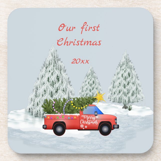 Our First Christmas Vintage Truck Ornament Coaster (Front)