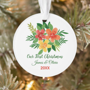 Our First Christmas Watercolor Green Flora Couple Ornament