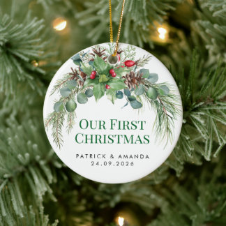 Our First Christmas Watercolor Greenery Ceramic Tree Decoration