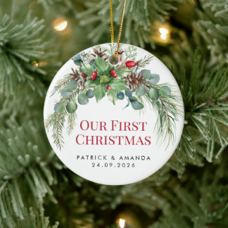 Our First Christmas Watercolor Greenery Ceramic Tree Decoration