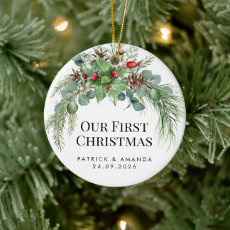 Our First Christmas Watercolor Greenery Ceramic Tree Decoration
