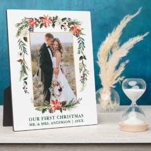 Our First Christmas Watercolor Poinsettia Photo Plaque