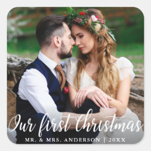 Our First Christmas Wedding Couple Photo Square Sticker