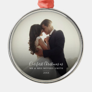 Our First Christmas Wedding Day Photo Script Metal Tree Decoration