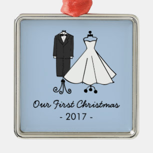 Our First Christmas * Wedding Doodles Metal Tree Decoration