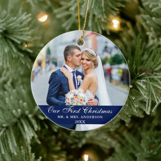 Our First Christmas Wedding Photo Blue Ceramic Tree Decoration (Tree)