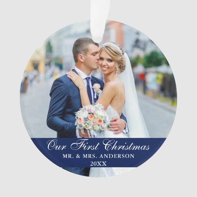 Our First Christmas Wedding Photo Blue Ornament (Front)