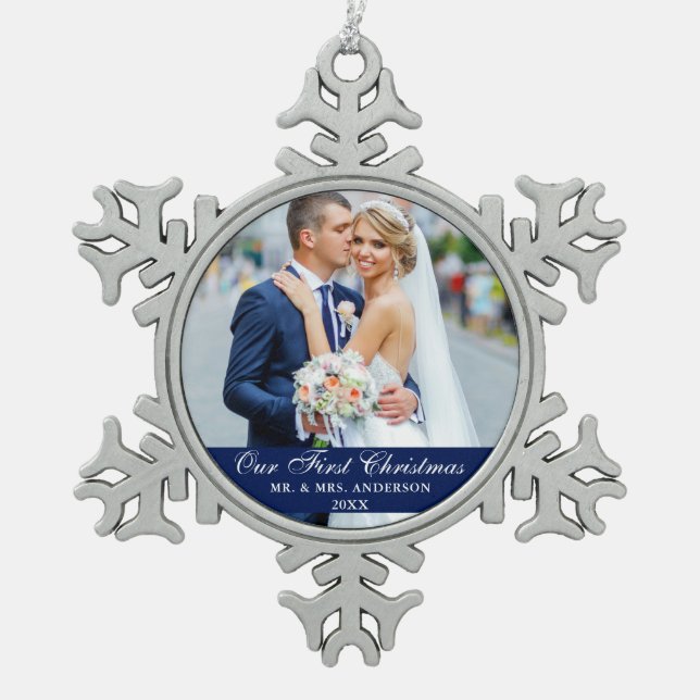 Our First Christmas Wedding Photo Blue Snowflake Pewter Christmas Ornament (Front)