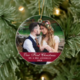Our First Christmas Wedding Photo Burgundy Ceramic Tree Decoration